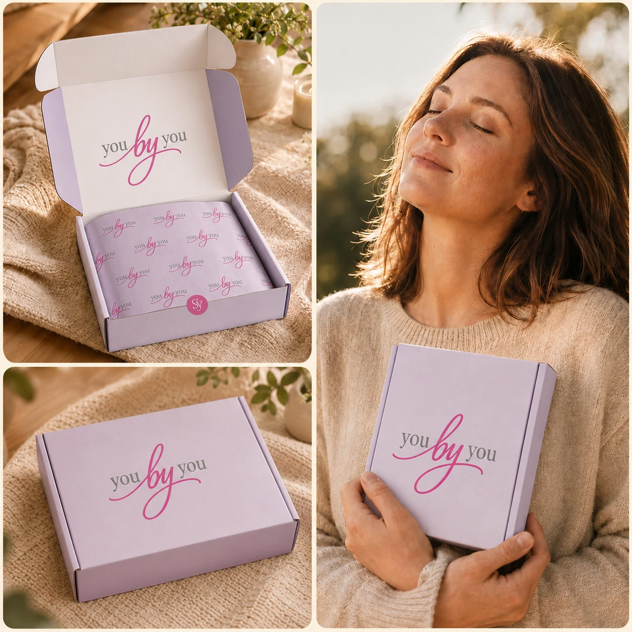 Kit YouByYou: caixa, aplicadores e mulher feliz com a embalagem