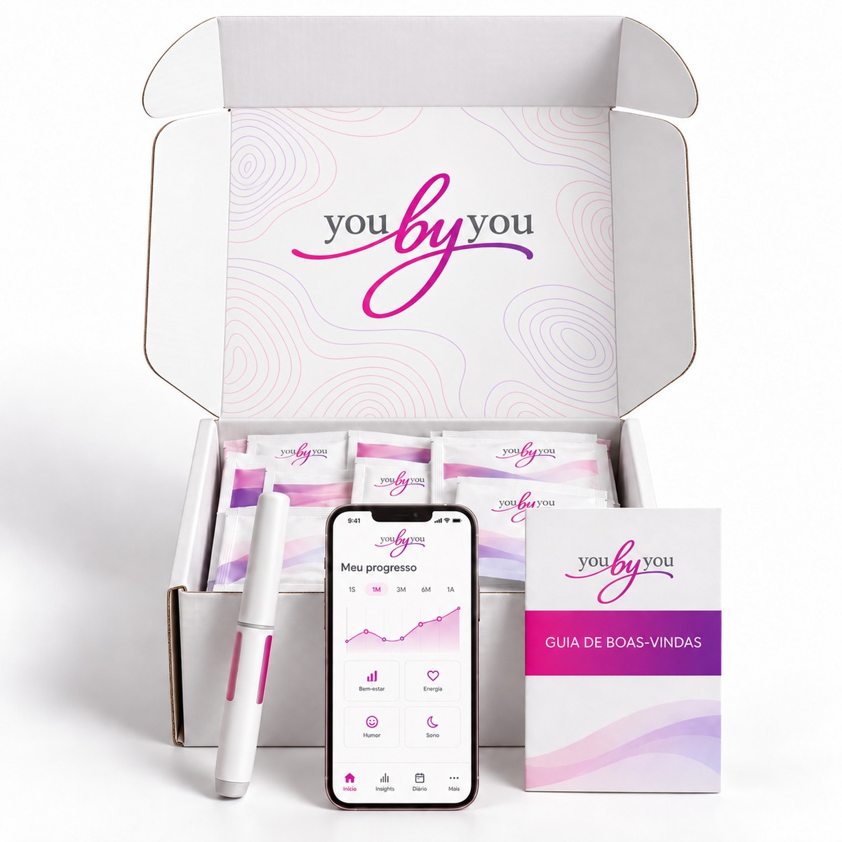 Kit You By You: caixa aberta com sachês, caneta aplicadora, celular com o app e guia de boas-vindas