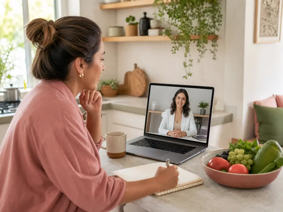 Mulher em consulta online com nutricionista na cozinha de casa