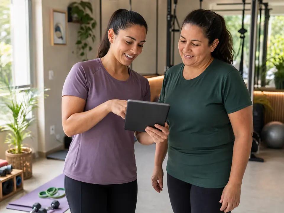 Personal trainer criando uma rotina de exercícios com uma aluna